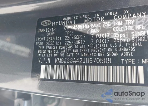2018 Hyundai Tucson Sel z USA, uszkodzony, nr VIN KM8J33A42JU670508